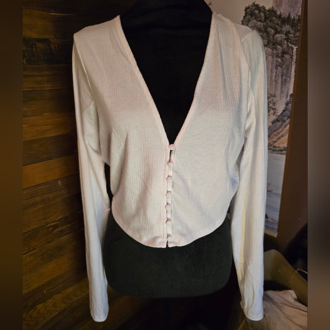 Afrm L White Astrid Ribbed Button Down V Neck Open Back Crop Top